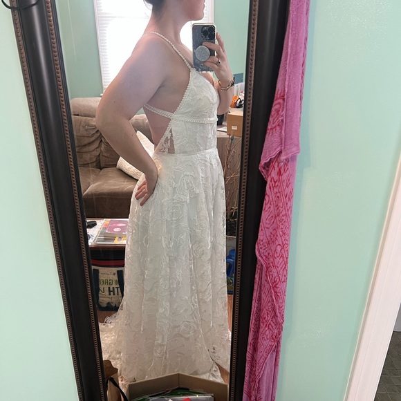 Halter Empire White Lace Prom Wedding, or Evening Dress - Picture 9 of 11